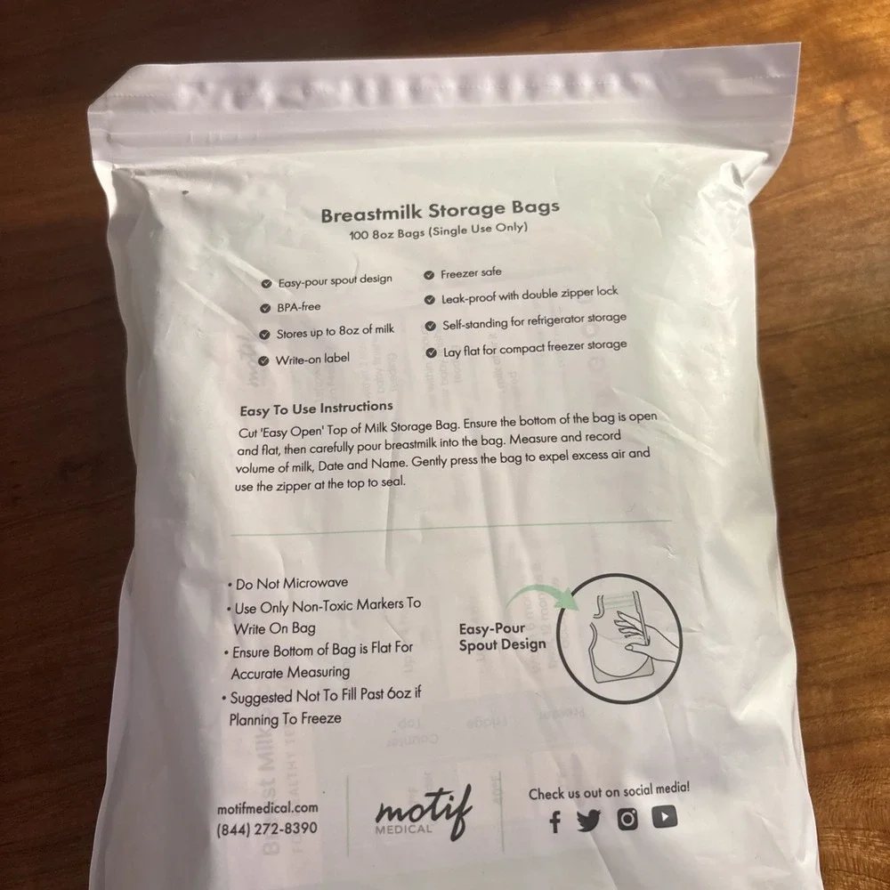 Motif Medical Breastmilk 8 oz Single Use Storage Bags BPA Free 100 count NEW